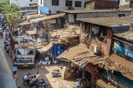 Mumbai, India - February 26, 2019: On the street in Dharavi Slum at Mumbai. Top viewのeditorial素材
