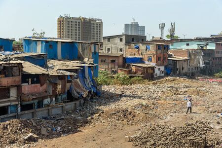 Mumbai, India - February 26, 2019: On the street in Dharavi Slum at Mumbai. Top viewのeditorial素材