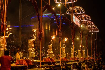Varanasi, India - March 15, 2019: Ganga aarti ceremony rituals at Dashashwamedh Ghat in Varanasiのeditorial素材
