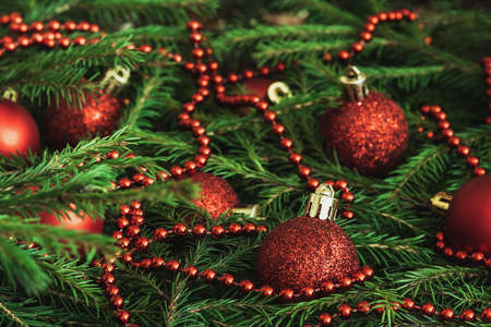 Background of Christmas tree branches with red baubles and beads. Nature New Year textureの写真素材