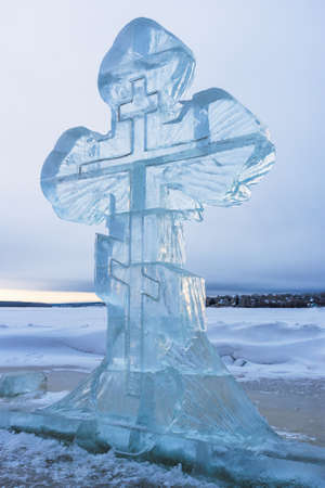 Ice cross in winter. Epiphany Orthodox holiday on a place of ice-hole swimming. Russiaの写真素材