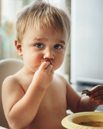 Little boy eating lanch at home. Soft focus