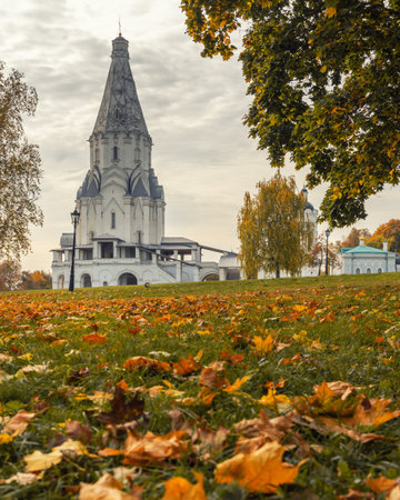 View of Church of the Ascension and architectural complex in Kolomenskoye on autumn day. Moscow. Russiaの写真素材