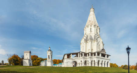 Panorama view of Church of the Ascension and architectural complex in Kolomenskoye on autumn day. Moscow. Russiaの写真素材