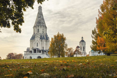 View of Church of the Ascension and architectural complex in Kolomenskoye on autumn day. Moscow. Russiaの写真素材