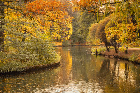 View of pond in Tsaritsyno park on autumn day. Moscow. Russiaの写真素材