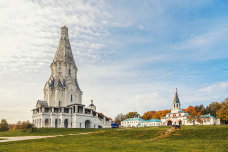View of Church of the Ascension and architectural complex in Kolomenskoye on autumn day. Moscow. Russiaの写真素材