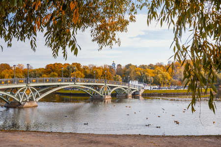Moscow, Russia - October 05, 2020: Pedestrian bridge to the island Horseshoe in Tsaritsyno park on autumn dayのeditorial素材