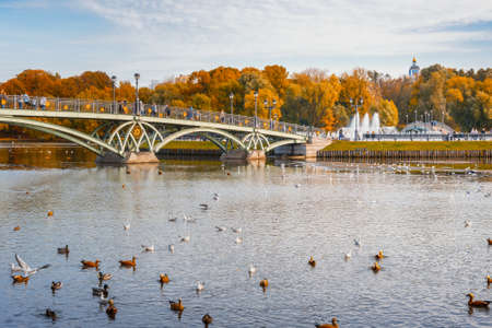 Moscow, Russia - October 05, 2020: Pedestrian bridge to the island Horseshoe in Tsaritsyno park on autumn dayのeditorial素材