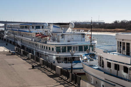 Rostov-on-Don, Russia - March 12, 2021: Passenger ships moored to the embankment of Don Riverのeditorial素材