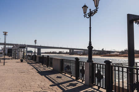 View of Embankment of Don River and Voroshilovsky bridge in Rostov-on-Don, Russiaの写真素材