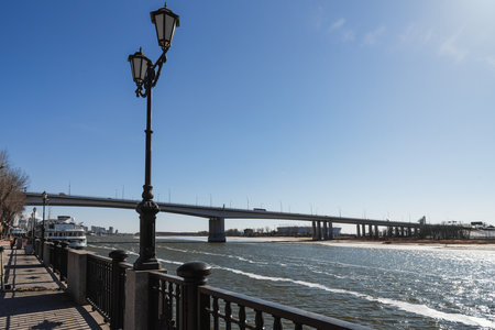 View of Embankment of Don River and Voroshilovsky bridge in Rostov-on-Don, Russiaの写真素材
