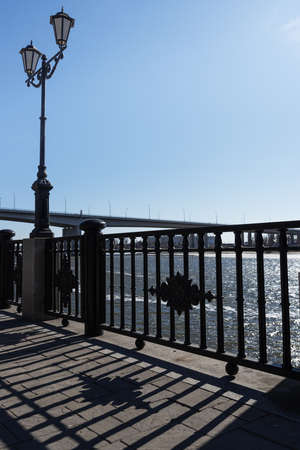 View of Embankment of Don River and Voroshilovsky bridge in Rostov-on-Don, Russiaの写真素材