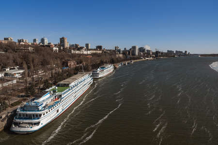 Rostov-on-Don, Russia - March 12, 2021: View of city and bank of Don river from Voroshilovsky bridgeのeditorial素材
