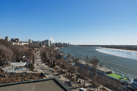 Rostov-on-Don, Russia - March 12, 2021: View of city and bank of Don river from Voroshilovsky bridgeのeditorial素材