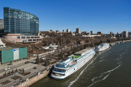 Rostov-on-Don, Russia - March 12, 2021: View of city and bank of Don river from Voroshilovsky bridgeのeditorial素材