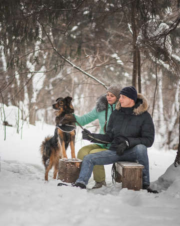 Happy young couple walking with dog in forest on winter dayの写真素材