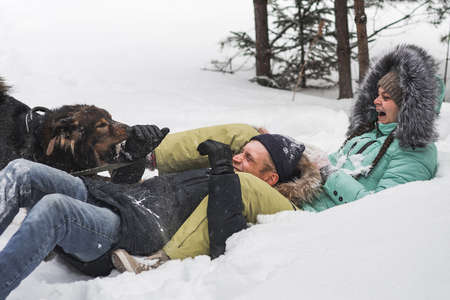 Cute young couple having fun with their dog in winter forestの写真素材