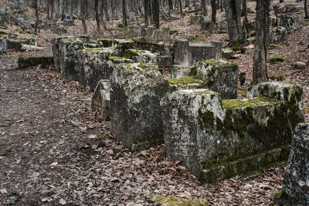 Bakhchisarai, Crimea - March 12, 2021: Gravestones in Karaite ancient cemetery Balta-Tiymezのeditorial素材