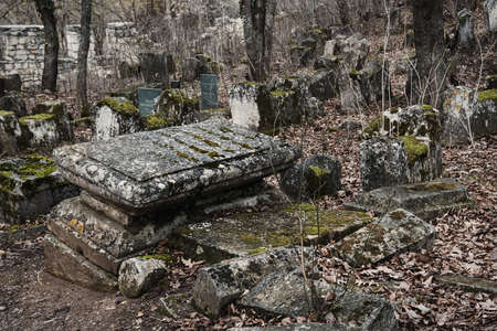 Bakhchisarai, Crimea - March 12, 2021: Gravestones in Karaite ancient cemetery Balta-Tiymezのeditorial素材