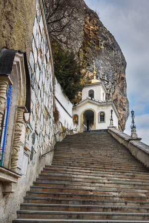 Steps leading to church of Assumption Cave Monastery in Bakhchysarai in spring. Crimeaの写真素材