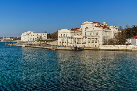 Sevastopol, Crimea - March 14, 2021: View of embankment of Sevastopol at the Artillery bay in spring.のeditorial素材