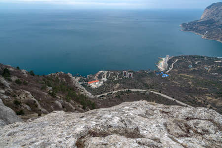 View of Laspi Bay from rocky crest Delikli-Burun lyas-Kaya mountain in spring. Crimeaの写真素材