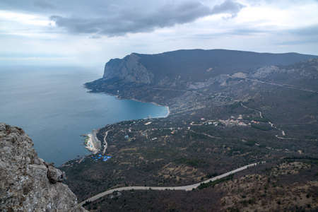View of Laspi Bay from rocky crest Delikli-Burun lyas-Kaya mountain in spring. Crimeaの写真素材