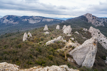 View of Temple of the Sun, Tyshlar rocks from Ilyas-Kaya mountain in spring. Crimeaの写真素材