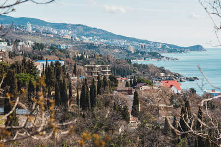 View of landscape coast of resort city Alupka from viewpoint in spring. Yalta. Crimea.の写真素材