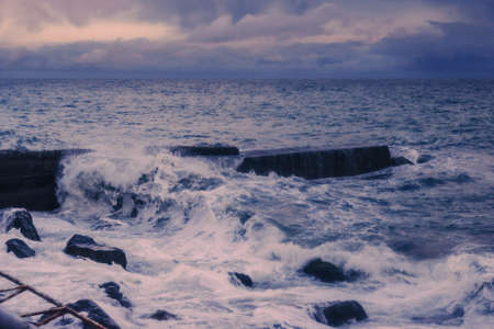 Black Sea in rainy stormy weather in spring at sunset. Alupka, Crimeaの写真素材