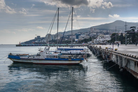 Yalta, Crimea - March 19, 2021: City embankment in spring day.のeditorial素材