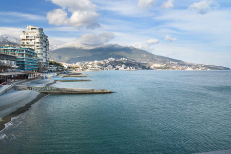 Yalta, Crimea - March 19, 2021: City embankment in spring day.のeditorial素材