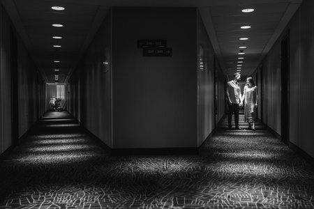 Young couple in love walking along the corridor of the hotel. black and whiteの写真素材