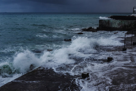 Black Sea in rainy stormy weather in spring at Alupka, Crimeaの写真素材