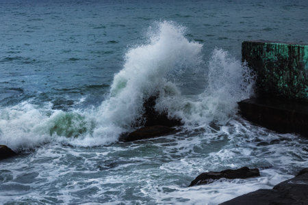 Black Sea in rainy stormy weather in spring at Alupka, Crimeaの写真素材