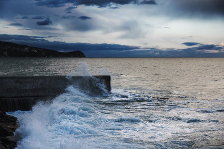 Storm at sea with waves during rain and cloudy in spring in Alupka. Crimeaの写真素材