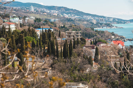 View of landscape coast of resort city Alupka from viewpoint in spring. Yalta. Crimea.の写真素材