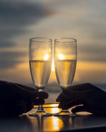 Two glasses with champagne clink glasses against the background of window on sunset in hotelの写真素材