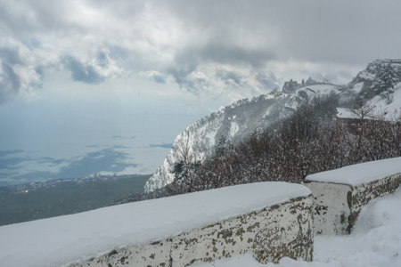 Road with snow to Mount Ai-Petri after blizzard in spring. Crimeaの写真素材