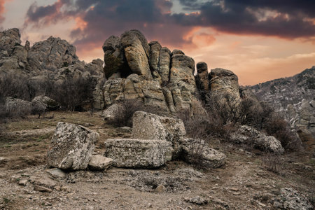 Bizarre rocks of Valley of ghosts on Mount Demerdzhi in early spring. Crimeaの写真素材