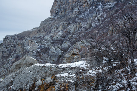 Bizarre rocks of Valley of ghosts on Mount Demerdzhi in early spring. Crimeaの写真素材