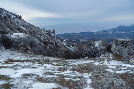 Sunny field on Mount Demerdzhi in early spring. Crimeaの写真素材