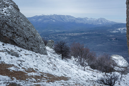 Sunny field on Mount Demerdzhi in early spring. Crimeaの写真素材