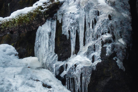 Frozen icicles on rock in winterの写真素材