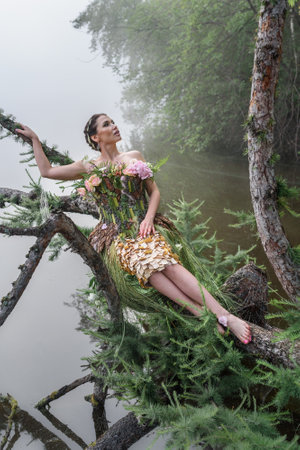 Blooming gorgeous lady in dress of flowers lying on tree over water in the morning fog. forest fairyの写真素材