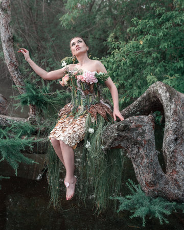 Blooming gorgeous lady in dress of flowers sitting on tree over water in the morning fog. forest fairyの写真素材