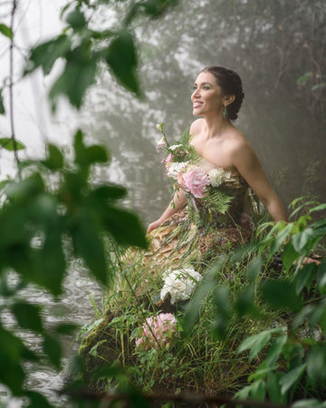 Blooming gorgeous lady in dress of flowers by the lake in the forest in the morning fog. forest fairyの写真素材