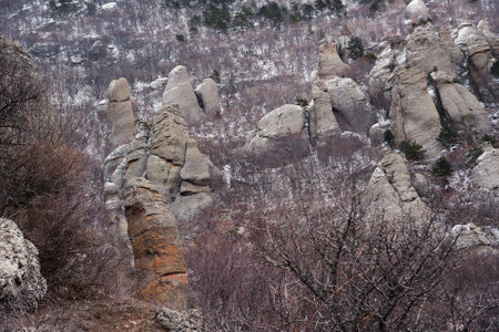Bizarre rocks of Valley of ghosts on Mount Demerdzhi in early spring. Crimeaの写真素材