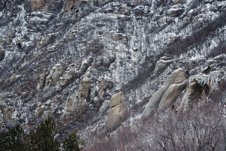 Bizarre rocks of Valley of ghosts on Mount Demerdzhi in early spring. Crimeaの写真素材